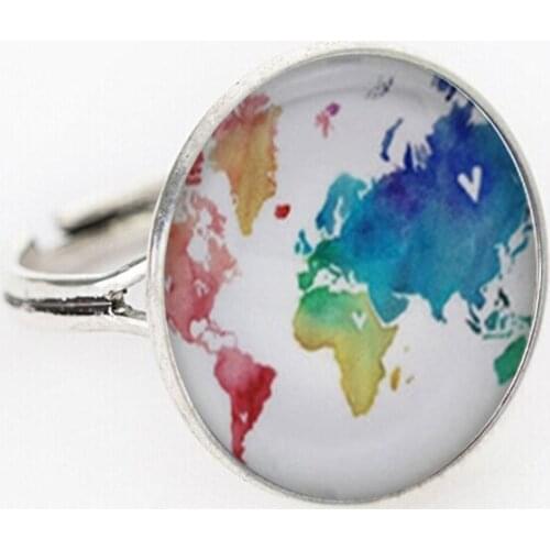 SUTEYI Simple Style Map Glass Art Picture Rings Multicoloured World Map Ring Jewelry Glass Cabochon Handmade Ring For Men