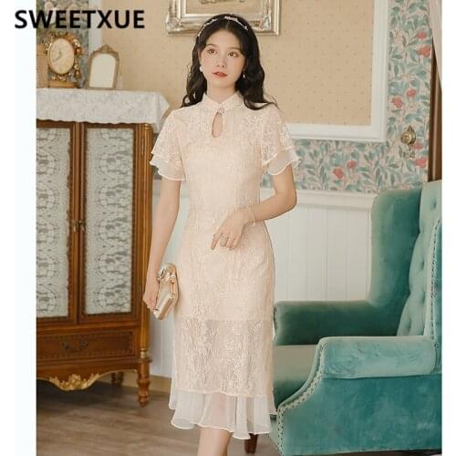 SWEETXUE 2021 Summer Womens Cheongsam Vintage Lace Organza Ruffled Fishtail Sweet Cute Chic Dress Female Vestido Mujer