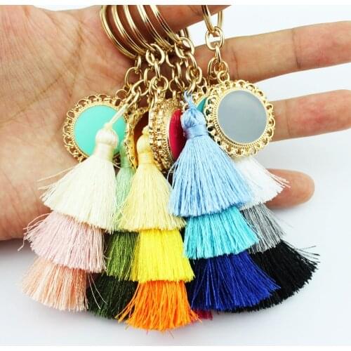 ZWPON Boho Style Unique 3 Layers Tassel Key Chain Monogram Enamel Disc Initial Blank Only Small Wholesale Manufacturers