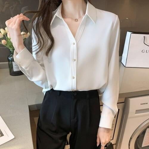 Spring Loose Temperament Vertical Sense Blouse Metal Buttons Fashion Womens Long-sleeved White High-end Satin Chiffon Shirt