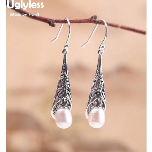 Uglyless Thai Silver Ethnic Hollow Patterns Floral Earrings Women Natural Pearls Dangle Earrings Real 925 Silver Brincos E1481