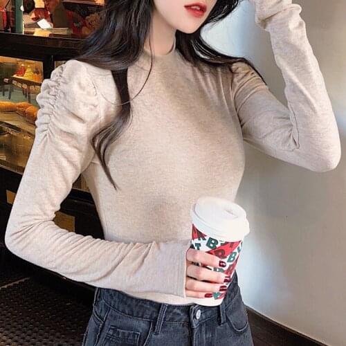 Korean style women thin puff-sleeved knitted bottoming harajuku shirts womens autumn winter long-sleeved t-shirts female tops