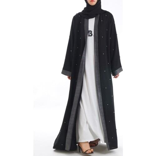 Women abaya Muslim Dress luxury pearl beaded long sleeve dress muslim opened abaya black bell sleevekimono long front open