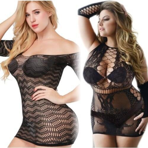 Plus SIZE fantasy sexy skirt Dress fishNet back LONG SLEEVE lingerie erotic bodystocking underwear for women mesh tight appeal