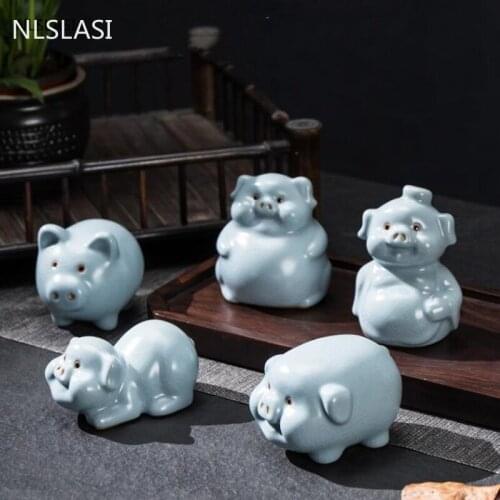1PCS Handmade ceramics tea pet Ornaments Lucky Pig Statue animal Figurine Desktop Boutique Crafts Tea decoration Accessories