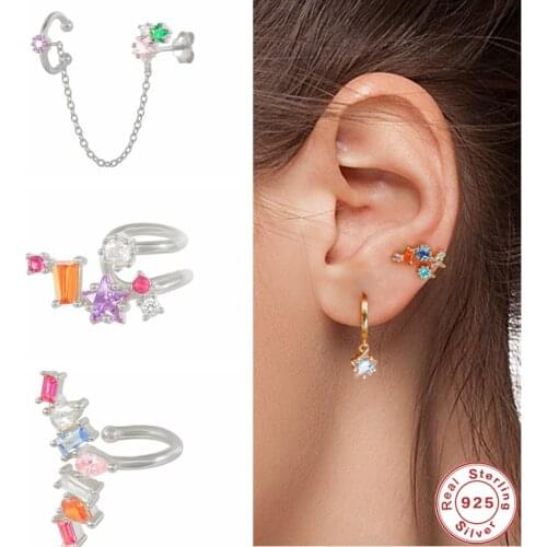 GS 925 Sterling Silver Rainbow Crystal Mosaic Double Circle Ear Cuffs Women Colored Zircon Chain Clip Earrings Party Jewelry