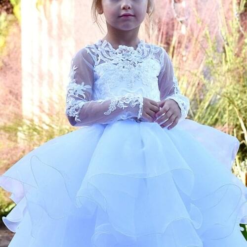 White Puffy Flower Girls Dresses Jewel Long Sleeve Appliques Lace Kids Party Gowns Tiered First Communion Gowns