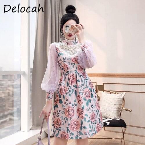 Delocah New 2021 Autumn Women Fashion Runway Party Midi Dress Lantern Sleeve Gorgeous Beading Crystal Floral Print A-Line Dress