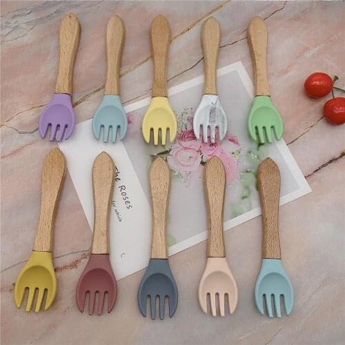 Baby Bamboo Fork Silicone Wooden Baby Feeding Spoon Organic Soft Tip Spoon BPA Free Food Grade Materia Handle Toddlers Gifts