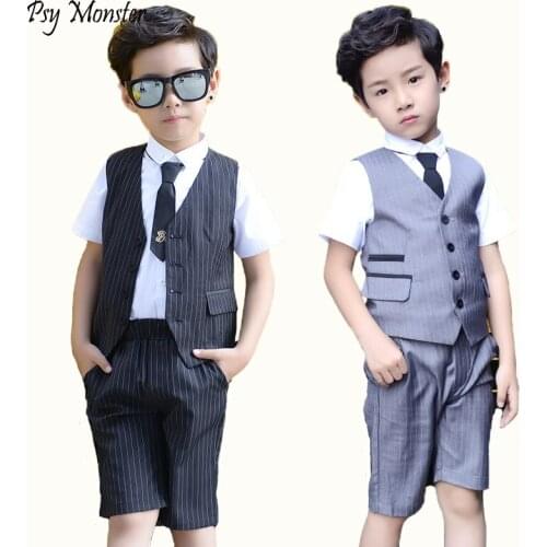Spring Summer Childrens Formal British Clothing Sets Flower Boys Party Performance Costume Kids Waistcoat Shorts 2pcs Clothes