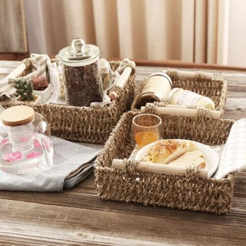 Storage Box Portable Hand-woven Basket 1 Pc With Wooden Handle Practical Straw Wood Suitable For Home And Bathroom Organization