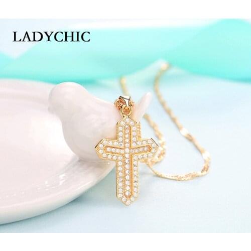 LADYCHIC Trendy Women AAA Zirconia Cross Necklaces Classic Gold Color Rhinestone Christian Jesus Cross Pendants Jewelry LN1133
