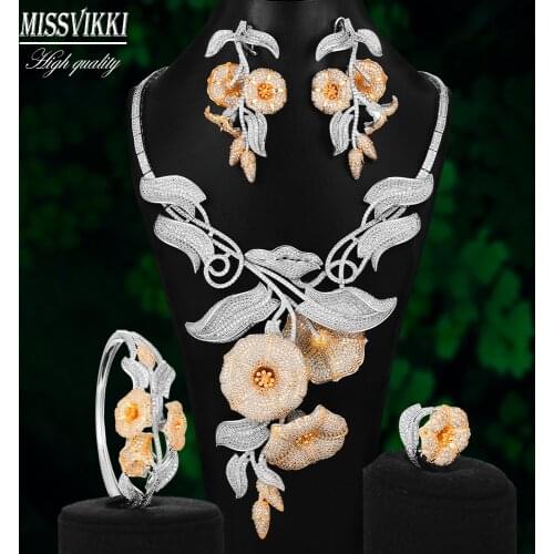 Missvikki Daffodil Twig Natural Jewelry Set Full Luxury Cubic Zirconia Bangle Earrings Necklace Ring Pendant Accessories Bijoux