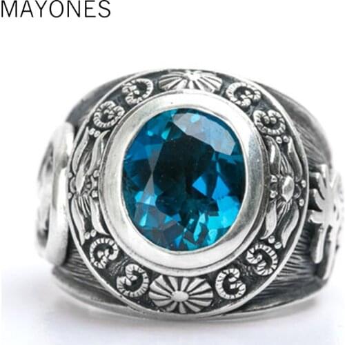 Vintage Real 925 Sterling Silver Totem Blue Crystal Ring Jewelry for Men Size 7.5 8 9 10 11 11.5 Free Shipping