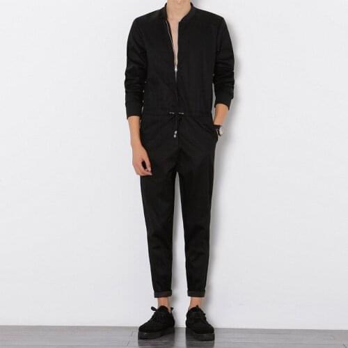 2020 New spring mens Casual overalls small feet tide casual pants long sleeve body suit men Zipper black Jumpsuit