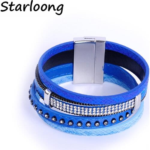 New fashion blue multi-layer PU leather bracelet with rhinestone beads magnetic clasp women wrap Masculina bijoux Bracelet