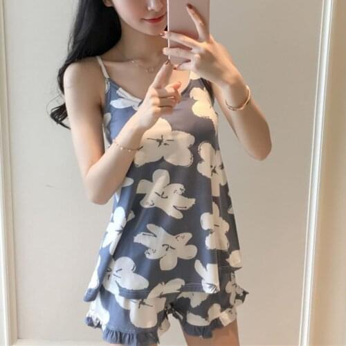 Printed V-Neck Sleeveless Tops+Shorts Pajama Sets With Padded Paded Camis And Ruffles Hem Shorts Pajama Set