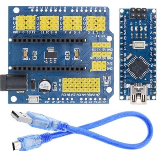Nano V3.0 CH340 ATmega328P Controller Board 5V 16MHz + Nano I/O Expansion Sensor Shield with USB Cable for Arduino R3 Nano V3.0