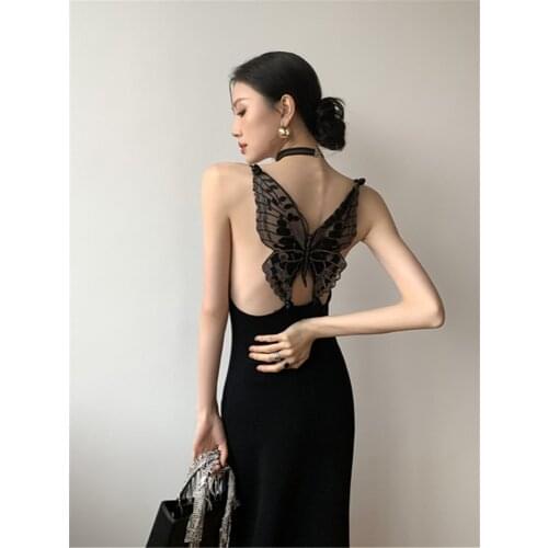 Backless Embroidery Butterfly Elegant Long Sexy Dress Women Summer Spaghetti Strap Black Bodycon Ladies Midi Night Club Dresses