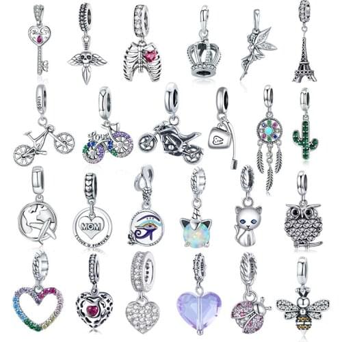 WOSTU Authentic 925 Sterling Silver Heart Bicycle Beads Charms Pendant Fit Bracelets Women Party Fashion DIY Jewelry Gift Making