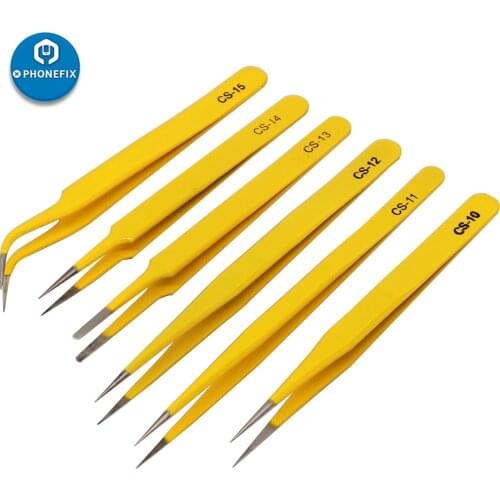 6Pcs Industrial Precision Curved Straight Tweezers Anti-static Stainless Steel Forceps Maintenance Tweezers Phone PCB Repair
