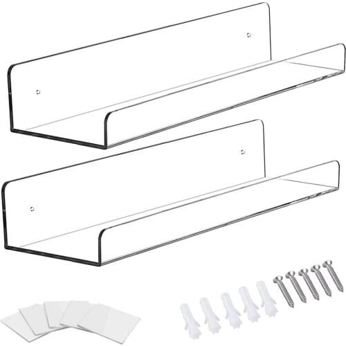 2pcs Clear Invisible Wall Shelf 15 inch Acrylic Wall-Mounted Storage Rack Holder Home Bathroom Toilet Organizer Transparent