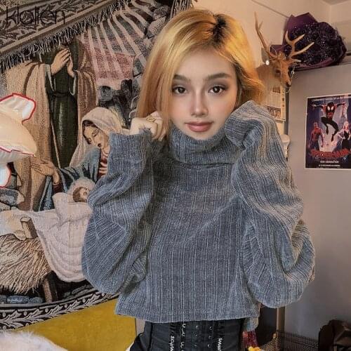 KLALIENT Autumn Winter Solid Pullover Short Thick Sweater 2020 Women fashion Flare Long Sleeve Turtleneck Top Casual Streetwear