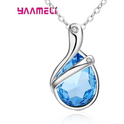 Luxury 925 Sterling Silver Sky Blue Cubic Zirconia Waterdrop Pendant Necklaces For Women/Lady/Girls Fashion Christmas gift