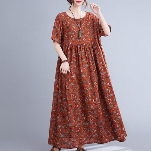 Print Floral Dress Thin Soft Cotton Linen Plus Size Loose Summer Dress Holiday Travel Casual Women Beach Style Long Maxi Dress