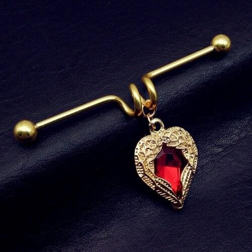 1 Piece gold red heart dangling Industrial Barbell 316L Stainless Steel Fashion Earring Industrial Piercing Body Jewelry