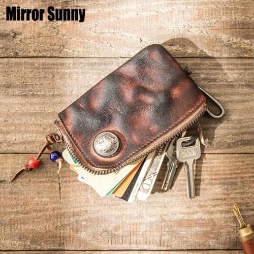 First Layer Cowhide Leather Key Bag For Men Retro Handmade Genuine Leather Bag ZipperCar Key Bag Card Bag Coin Purse For Women