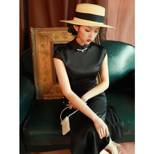 Black Satin Traditional Qipao Retro Stand Collar Sexy Self-cultivation CheongSam Robe Chine Oriental Dress Chinese Summer