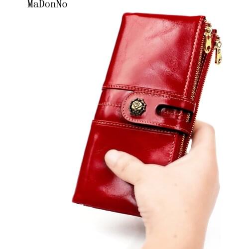 Vintage Oil Wax Leather Womens Wallet Korean Fashion Phone Coin Purse Clutch Long RFID Wallet Card Holder Zipper Wallet Women