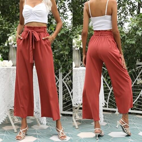 Witbuy Women Pants New Fashion Cargo Loose Trousers With Pockets Solid Casual Elastic Waist Lace Up Sashes Ankle Length Pant New