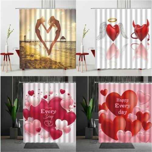 Valentines Day Bath Curtains Romantic Heart-Shaped Balloon Shower Curtain Multiple Size Bathtub Decoration With Hooks