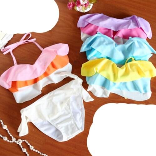 High quality Summer Beach Sexy Girl solid lotus leaf Patchwork Bikini set Tube Top Women 4 Color Swimwear low Waist Swimsuit