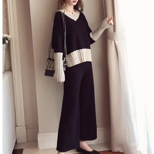 Knitted suit female set 2 pieces pants winter warm women ladies elegant two piece sets knitted suits for women 2018 AA4296