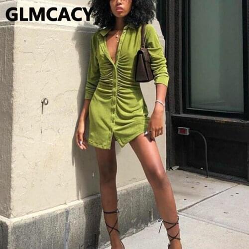 Women Long Sleeve Velvet Button Up Shirt Dress Slim Ruched Mini Dress