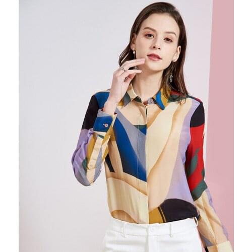 100%real silk boulses for women high quality 2020 summer rainbow floral office shirts long sleeve casual sexy boho plus size
