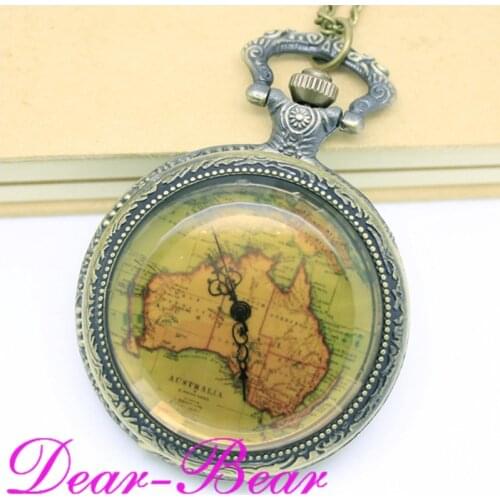 1019) 12 pcs/lot Vintage Australian Map Glass Cover Hunter Pocket Watch Necklace