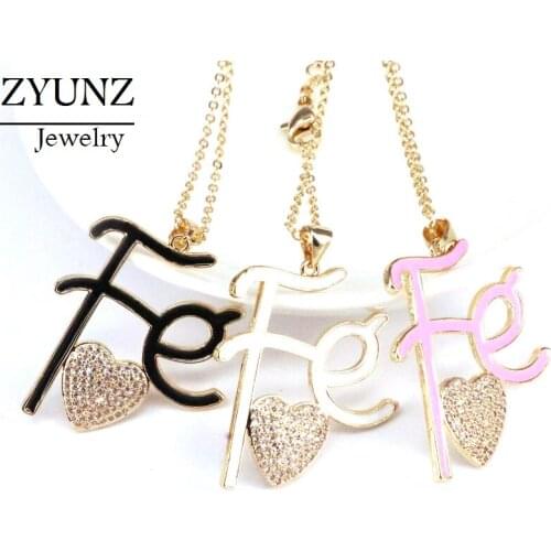 5PCS, New Arrive Enamel FE Belief Necklace CZ Crystal Zircon Heart Pendants Necklaces chain Jewelry