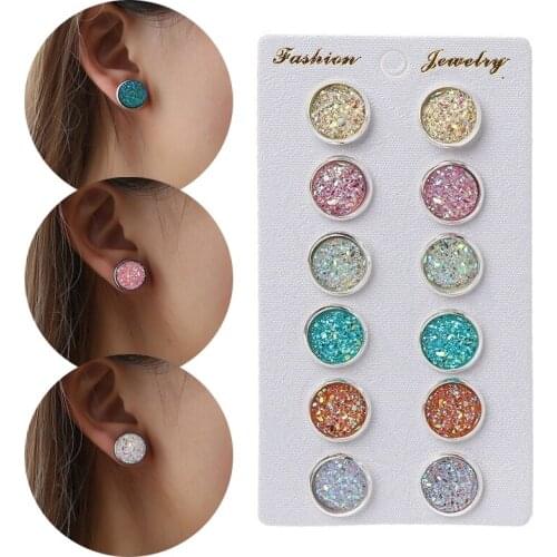 6 Pairs/Set Womens Shiny Resin Ear Stud with Round Bling Druzy Stone For Girls Cute Earrings Set 2021 Fashion Jewelry