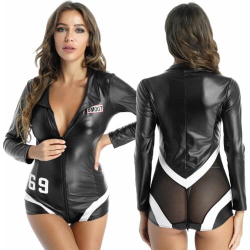 Women Deep V Neck Zipper Faux Leather Racer Car Bodysuit See-through Mesh Back Long Sleeve Leotard Catsuit Role Play Costume