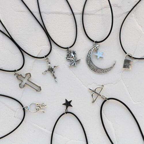 Pistol Gun Black Leather Rope Wax Cord DIY Handmade Necklace for Women Handcuffs Stars Animal Pendant Necklace Jewelry