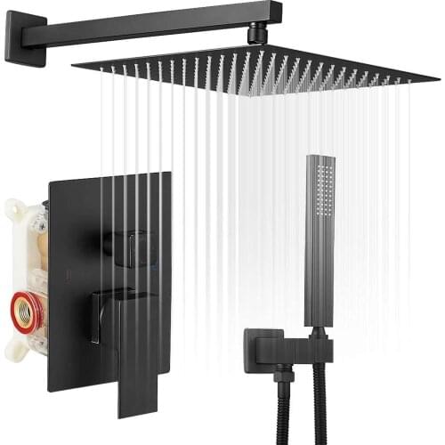 Black Shower Faucet 12 Inch Square Luxury Rain Mixer Shower System Sets Complete 2-Functions Pressure Balancing Wall Mount Rainf