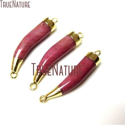 10Pcs Pure Gold Color Horn Tusk Double Bail Pendant Rhodonite Double Bail Pendant 33x7mm PC23