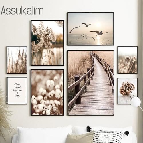 Landspace Canvas Painting Seagull Poster Reed Dead Grass Prints Bridge Posters Nordic Wall Pictures For Living Room Decoration