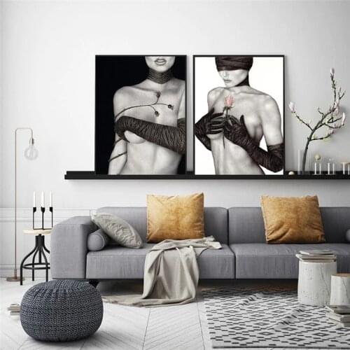 Modern Art Canvas Painting Nude Flower Woman Wall Art Posters and Prints Black White Sexy Lady Pictures For Living Room Decor