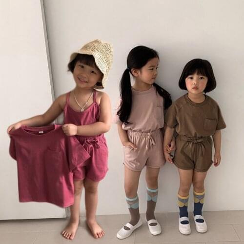 2021 Summer Children Clothing 3pcs Baby Clothes Set Boys T Shirt Sets Solid Girls Shorts Suit Fashion Cotton Toddler Kid Outfits