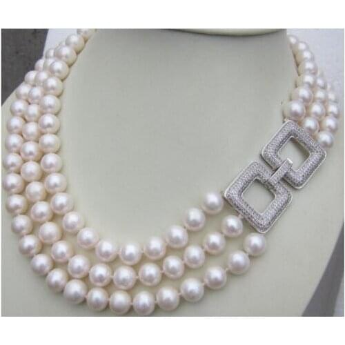 Beautiful3 Rows AAA Real natural 10-11mm White Sea South Pearl Necklace 17"